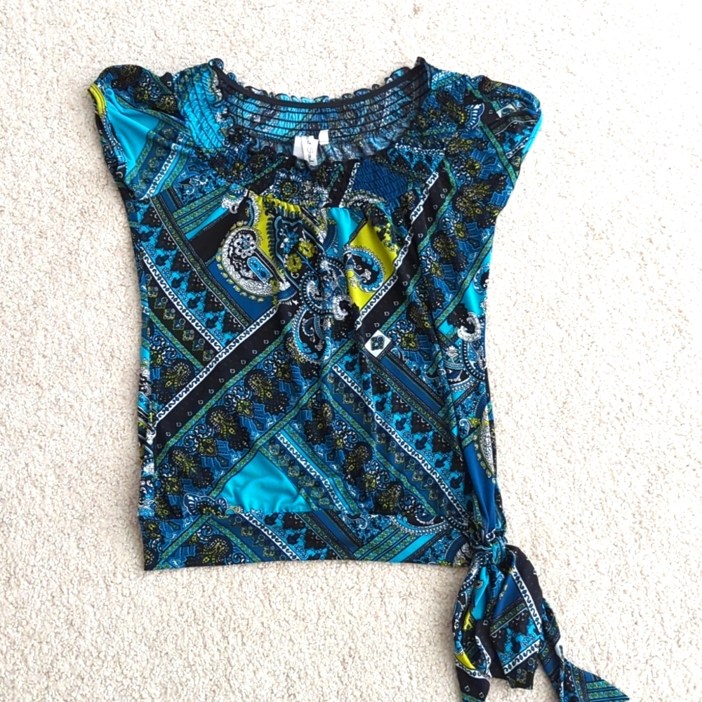 Heart Soul teal/black banded bottom top with side tie
